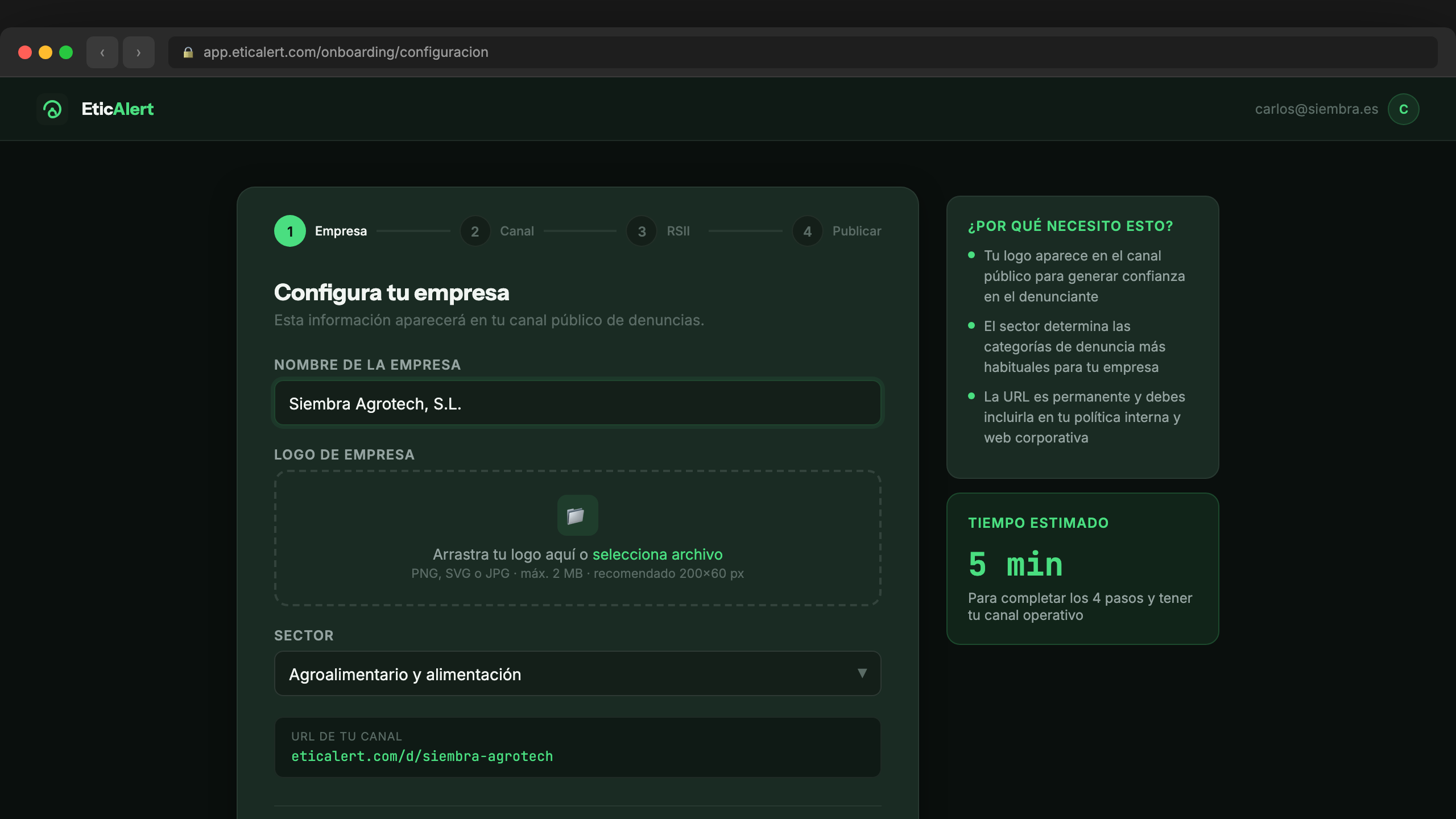 Wizard de configuración del canal de denuncias EticAlert — formulario paso a paso