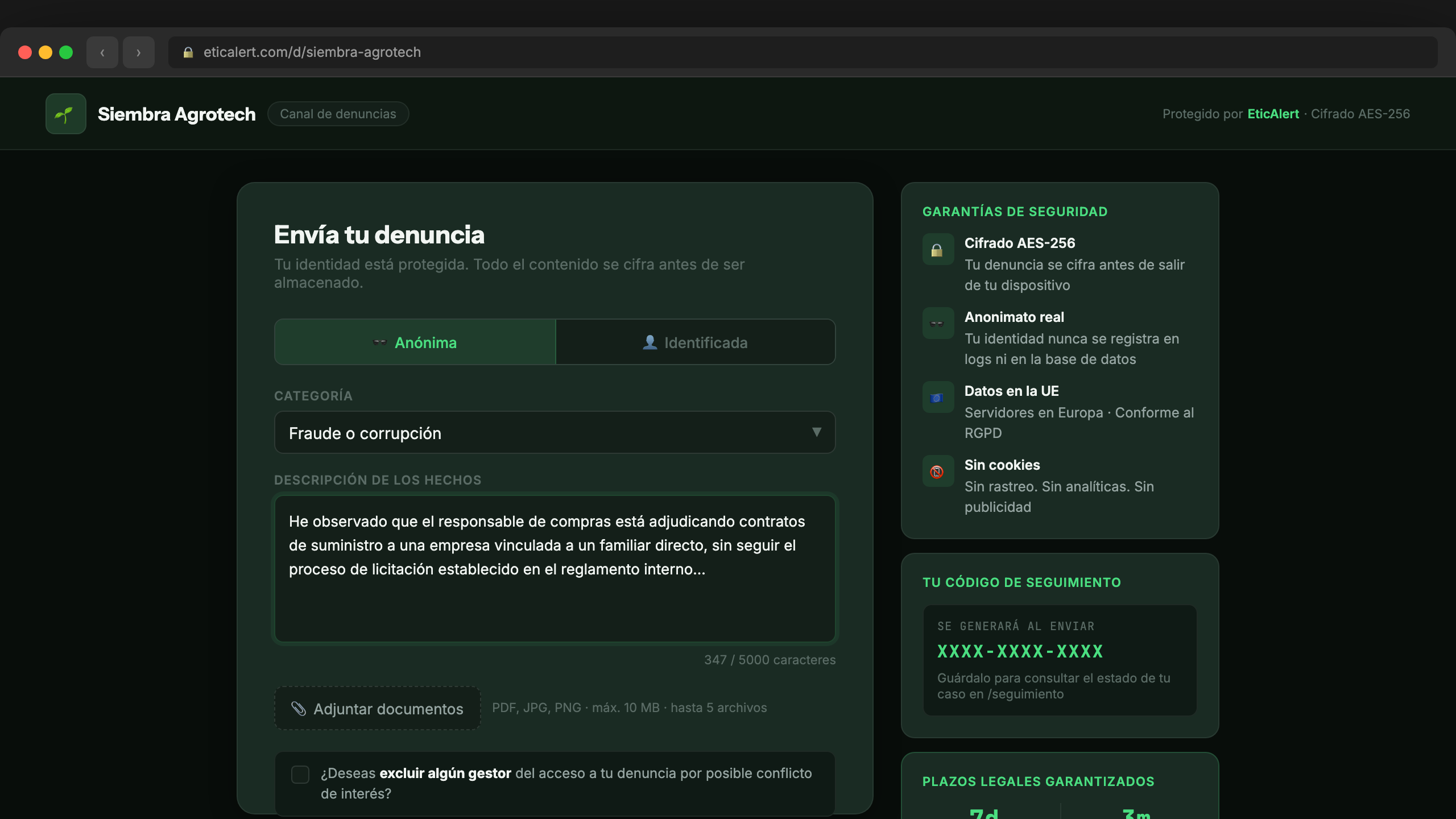 Canal público de denuncias anónimas — interfaz para el informante