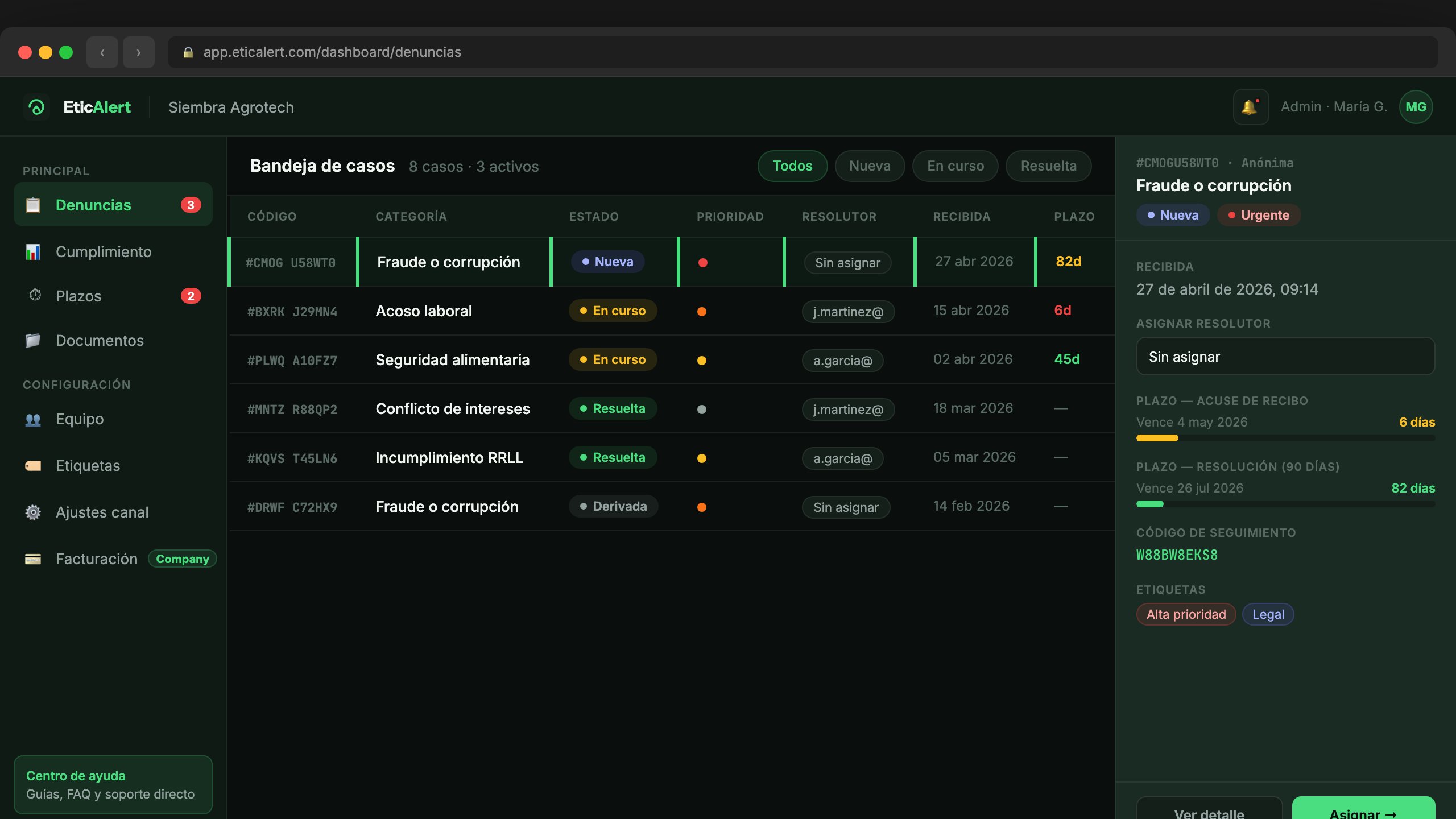 Panel de gestión de denuncias con roles y permisos — EticAlert