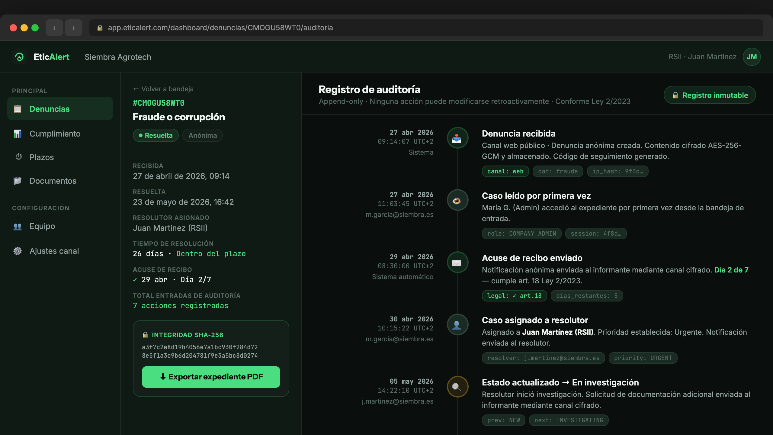 Registro de auditoría inmutable del canal de denuncias — historial exportable en PDF